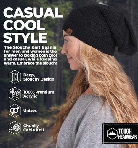 Slouchy Cable Knit Beanie by Tough Headwear - Chunky, Oversized Slouch Beanie Hats for Men & Women - Stay Warm & Stylish - Serious Beanies for Serious Style Black OSFA