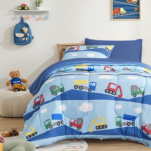 SLEEP ZONE Kids Twin Comforter Set, Cozy Jersey Knit Bedding Set, Warm and Easy Maintain for All Seasons, 100% Microfiber Bedding Set for Boys, 1 Comforter, 1 Pillowcase (Bulldozers, Twin)