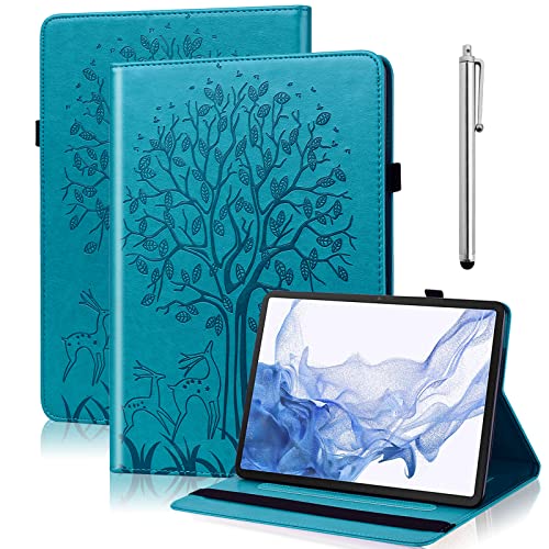 VODEFOX Case for Samsung Galaxy Tab S9 FE 5G 10.9 Inch/Tab S9 11 Inch 2023, PU Leather Tree Deer Protective Cover with Card Slots Hand Strap for Samsung Galaxy Tab S9 FE Case - Blue