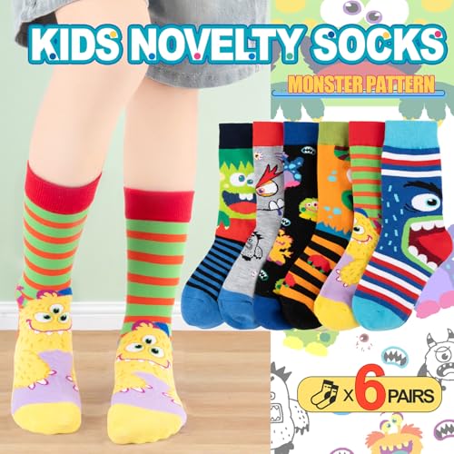 Dsia Zamur 6 Pack Novelty Kids Boys Monster Socks + Gift Box, Funny Crazy Eyes Colorful Athletic Halloween Christmas Stripe Calf Crew Socks for Girls Children Sons 2-4 Years