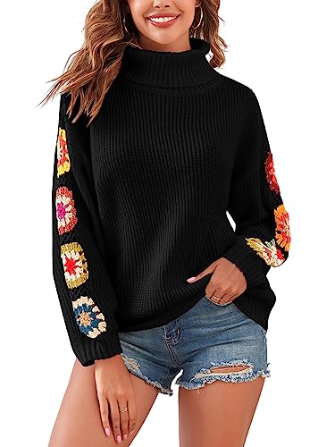 ZAFUL Turtleneck Sweater for Women Pullover Puff Long Sleeve Boho Knit Sweaters Trendy Knitwear Top Coffee Flower Crochet L
