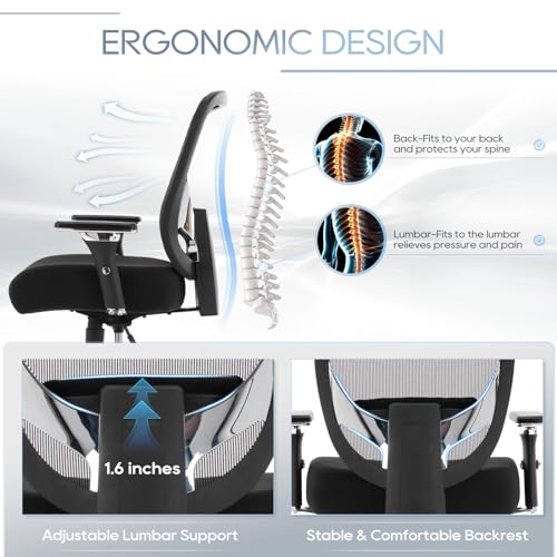 Big and Tall Office Chair 500lbs, Heavy Duty Ergonomic Mesh Chair, Computer Executive Desk Chair with Adjustable Armrest, Lumbar Support-New Black