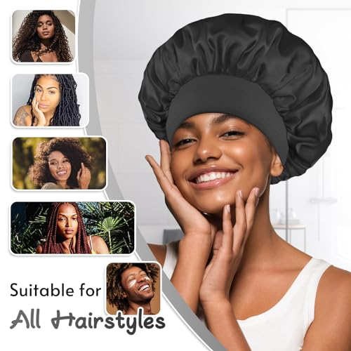 BONNET QUEEN Silk Bonnet for Sleeping for Women Satin Bonnet Double Layer Reversible in 2 Color Adjustable Hair Bonnet Satin Lined Night Sleep Cap for Curly Hair,Black