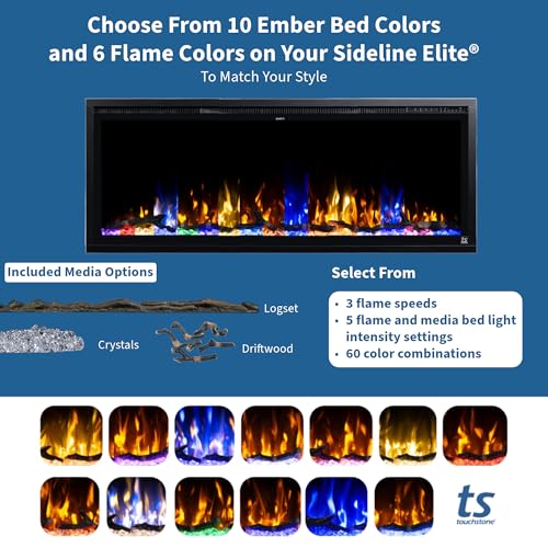 Touchstone Forte Elite Smart WiFi-Enabled Electric Fireplace - 40" Wide/26.6" Tall - in-Wall Recessed - 60 Color Combinations - 1,500W Heater - Log, Crystals & Driftwood - 80052