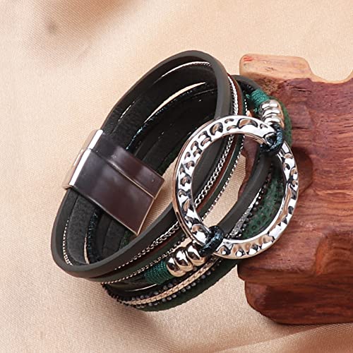 KSQS Multi-Layer Leather Circle Wrap Bracelet for Women, Handmade Bohemian Cuff Wrap Clasp Bangle Bracelet with Magnetic Buckle Jewelry(#20)