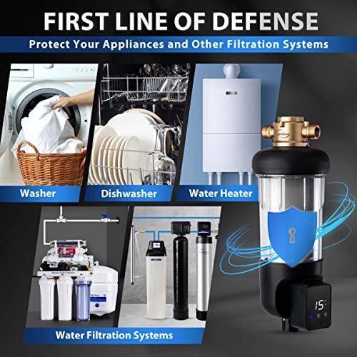 iSpring WSP50ARJ Spin-Down Sediment Water Filter, Upgraded Jumbo Size, Large Capacity, Reusable with Touch-Screen Auto Flushing Module, Brass Top Clear Housing, 50 Microns