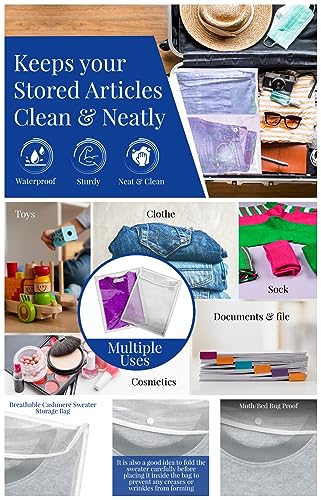 The Clothing Doctor Breathable Cashmere Sweater Storage Bag, Convenient Snap With Flap Closure, Clear Window For Easy Identification, 14.5"x18.4", Pack Of 6, White