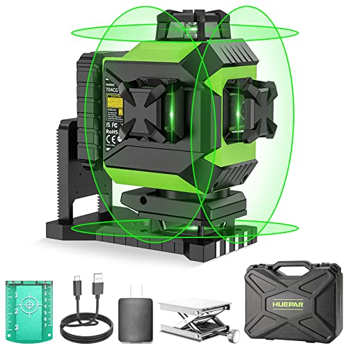 Huepar Laser Level 3 x 360 Self-Leveling Cross Line Laser 3D Green Laser Level with Pulse Mode Alignment Laser Tool with Rechargeable Li-ion Battery, Integrated Magnetic Bracket, Hard Carry Case 703CG