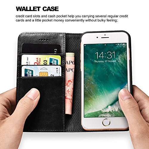 7, 8, SE 2nd/SE 3rd Case, ICARERCASE Leather Wallet Magneitc Case with Stand and 3 Credit Slots for 7/8/SE 2020/SE 2022 4.7 inch (Black)
