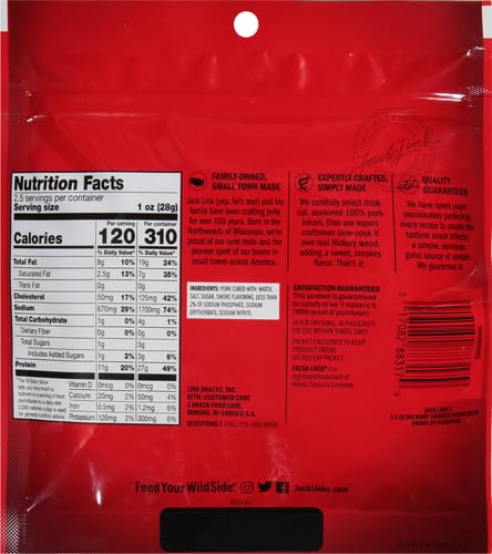 Jack Link's Bacon Jerky, Hickory Smoked, 2.5 oz. Bag - Flavorful Ready to Eat Meat Snack with 11g of Protein, Made with 100% Thick Cut, Real Bacon - Trans Fat Free (Packaging May Vary)