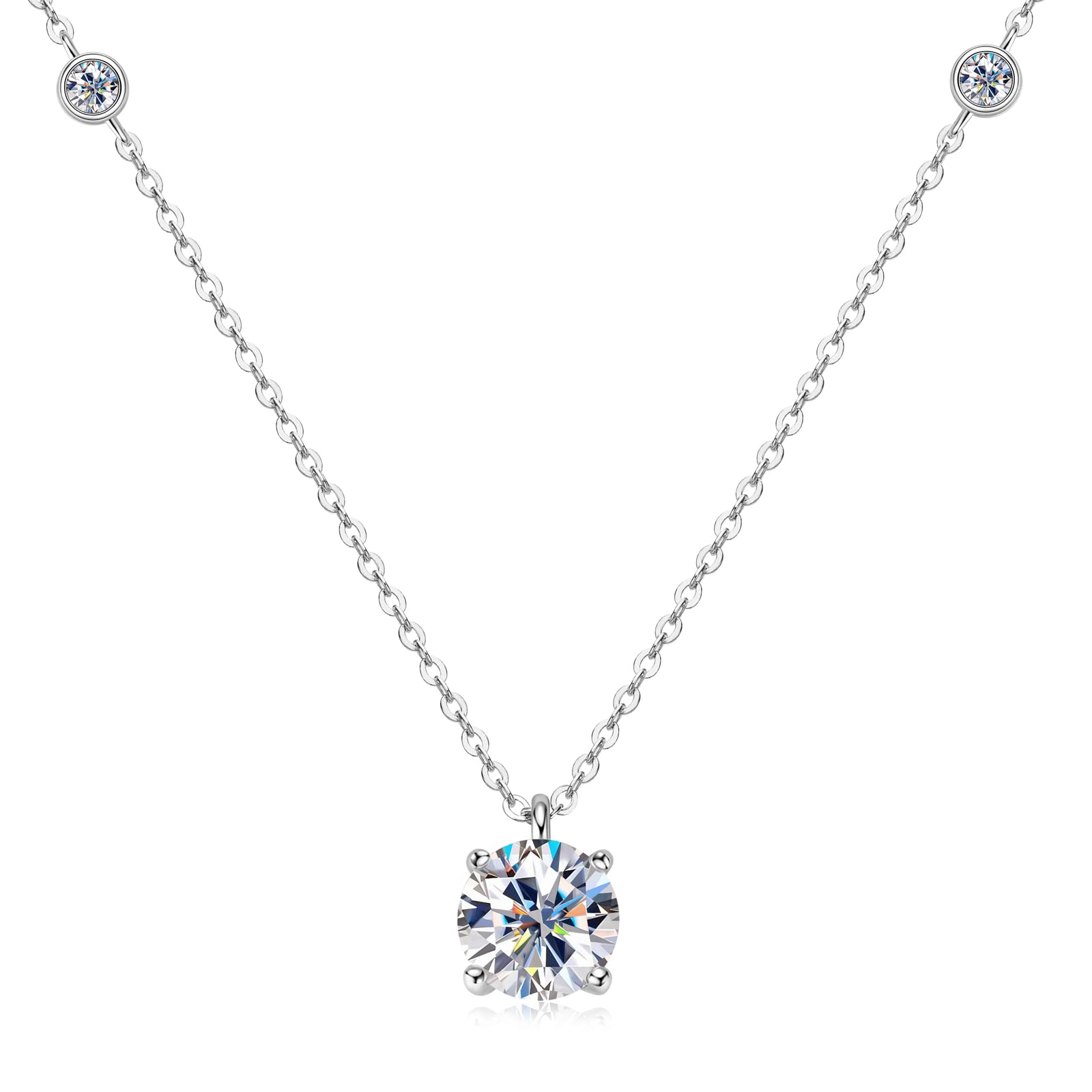Moissanite Necklace for Women, 2 CT Moissanite Station Pendant 925 Sterling Silver Diamond Necklaces Round D Color VVS1 Clarity White Gold Plated Necklaces Gifts for Her