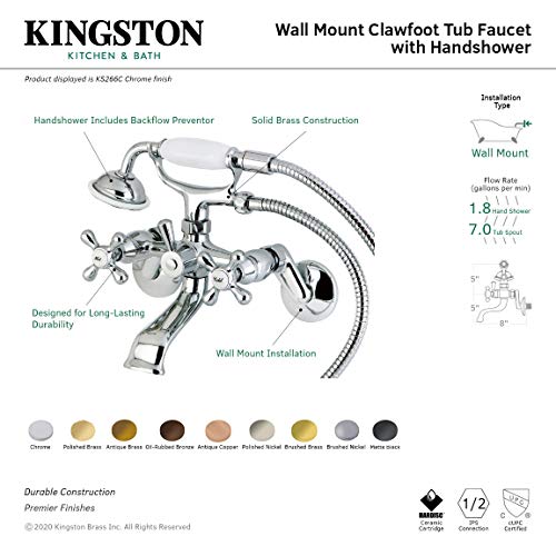 Kingston Brass KS266AB Vintage 6" Adjustable Wall Mount Clawfoot Tub Faucet, Antique Brass