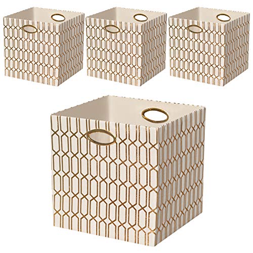 Posprica Storage Bins, Storage Cubes, 11×11 Fabric Drawers Organizer Basket Boxes Containers (11×11×11/4pcs, Cream/gold geometry Pattern)