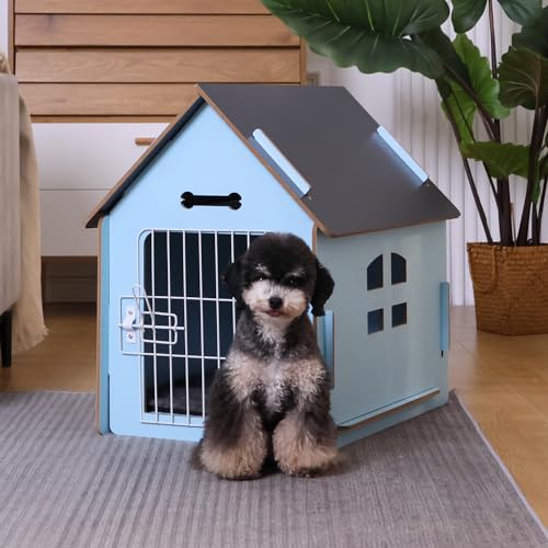 Dog House Indoor for Small Dogs or Cats, Cozy Wooden Design, Small Indoor Bed House, with Air Vents and Elevated Floor Warm Dog Cave (Large Blue)
