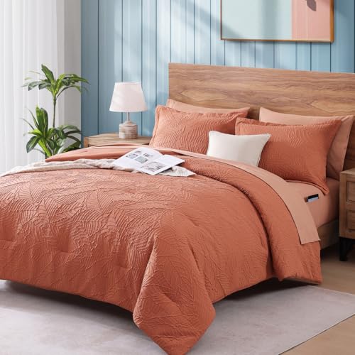 Geniospin Twin Comforter Set - 5 Pieces Burnt Orange Bedding Set, Botanical Textured Comforter Set, All Season Lightweight Bed in a Bag with Comforter, Sheets, Pillowcases & Shams