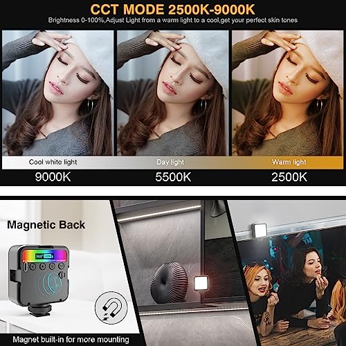 Altson Magnetic RGB Led Video Light LED Camera Light 360° Full Color Portable Photography Lighting Whit 3 Cold Shoe,,2000mAh Rechargeable CRI 96+/2500-9900K/13 Scene (Black)