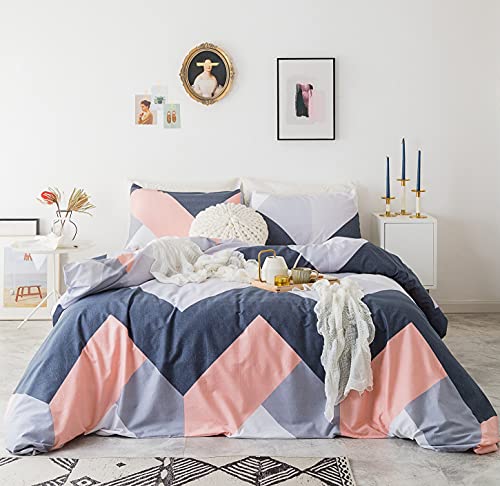 YuHeGuoJi Pink Navy Striped Duvet Cover Queen 100% Cotton 3 Pcs Set 1 Modern Decorative Zigzag Chevron Pattern Duvet Cover with Zipper Ties 2 Pillowcases Farmhouse Peach Geometric Bedding Set