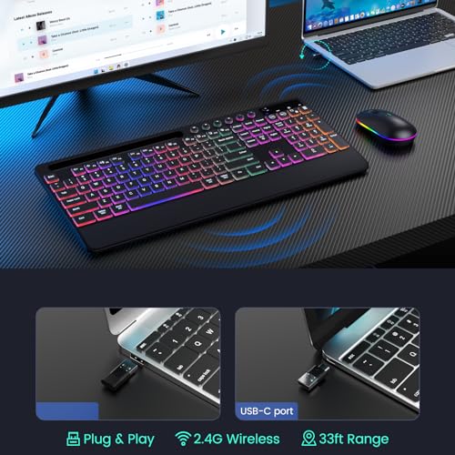 VEILZOR Wireless Keyboard and Mouse Backlit, 2.4GHz Lag-Free Rechargeable Keyboard Full-Size with Phone Holder Tablet Holder, Silent Ergonomic Wireless Keyboard Mouse Combo for Computer, PC, Laptop
