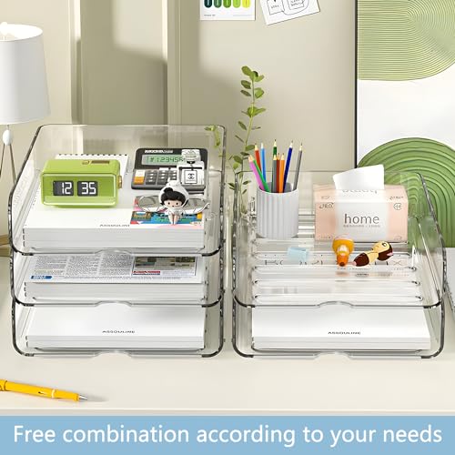OUTIOE 4-Tier Paper Organizer for Desk, Stackable Desk Organizer Paper Tray, Desk Accessories & Workspace Organizers, Ideal for Office Supplies, Paper Storage (Clear) (4-Tier)