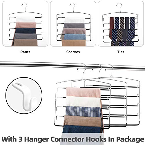 FeeraHozer Pants Hangers Non Slip 3 Pack Space Saving Hangers Multi-Layer Swing Arm Pants Hanger Stainless Steel Space Saver Hanger Closet Storage Organizer for Jeans Trouser Slacks Clothes (Black)