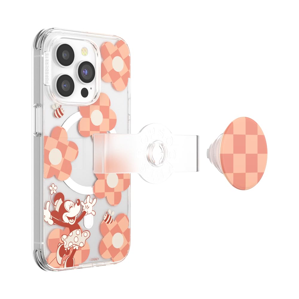PopSockets iPhone 14 Pro Case with Phone Grip and Slide Compatible with MagSafe, Phone Case for iPhone 14 Pro, Wireless Charging Compatible, Disney - Minnie Checker Flower