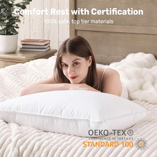 UNIKOME Hotel Collection Luxury Bed Pillows - 100% Cotton Standard Size Set of 2 Down Alternative Pillow Bedding Ultra Soft & Fluffy Pillow for Back, Stomach or Side Sleepers