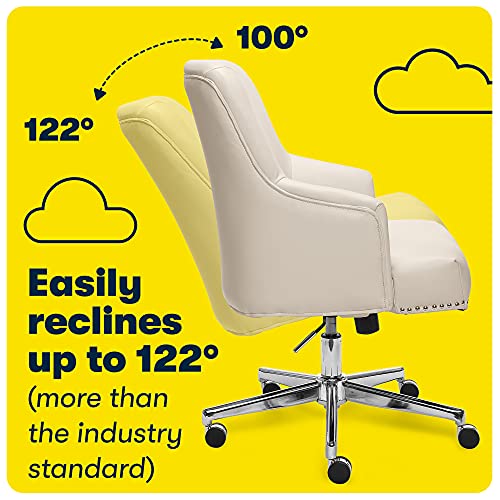 Serta Leighton Home Office Chair with Memory Foam, Height-Adjustable Desk Accent Chair with Chrome-Finished Stainless-Steel Base, Bonded Leather, Cream White