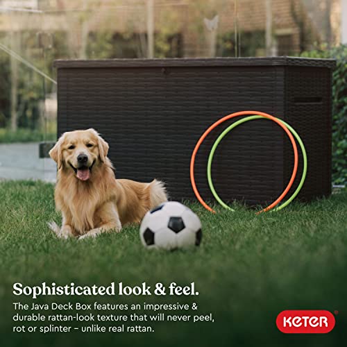 Keter Java XXL 230 Gallon Resin Rattan Look Large Outdoor Storage Deck Box for Patio Furniture Cushions, Pool Toys, and Garden Tools, Dark Grey