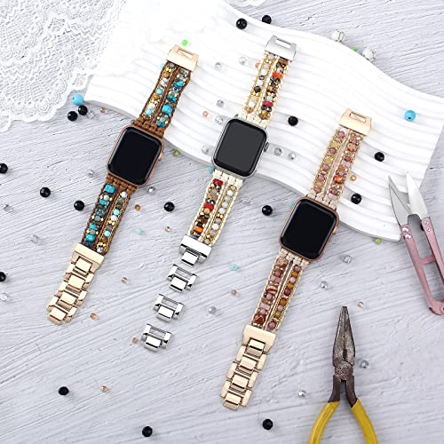 CHARMINGO Boho Apple Watch Band, Multilayer Beaded Leather Strap, 38mm-45mm, 14.5-20cm
