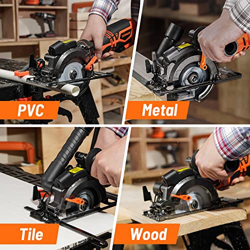 DOVAMAN Circular Saw, 5.8A 4-1/2" Compact Circular Saw w/Contractor Bag, Laser Guide, Metal Auxiliary Handle, Multi-Material Cuts w/ 6 Saw Blades, Tool-Free Adjustment of Angle & Depth (Max 1-11/16")