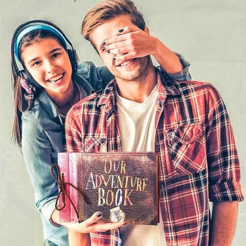 Our Adventure Book Scrapbook DIY Handmade Retro Style Travel Souvenir, 11.92 x 7.62" Leather-Bound Scrapbook Inspired by 'Up', Gift for Couples Anniversary, Weddings, Travelling, Birthday, Christmas