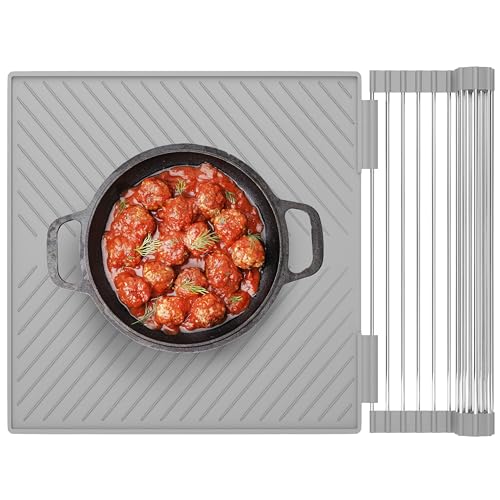 HIGHERHUMAN Silicone Dish Drying Mat and Dish Drain Rack System All in One Counter and Sink Rack (Medium Grey)