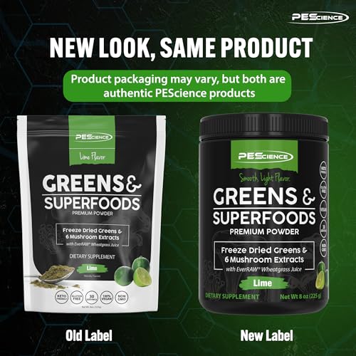 PEScience Greens Powder Superfood with Natural Chlorophyll, Reishi & Turkey Tail Mushroom Powders, Freeze-Dried Kale, Spinach, Broccoli Sprouts, Lime Flavor, 30 Servings