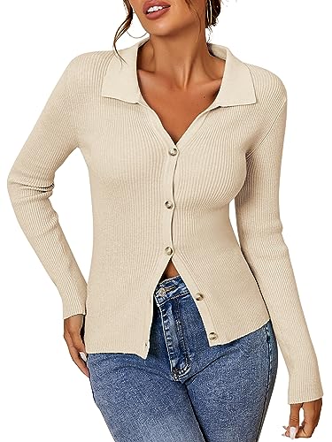 ZAFUL Women's Cardigan Sweaters for Women Lightweight Fall Long Sleeve V Neck Ribbed Knit Slim Fit Casual Tops (Beige, M)