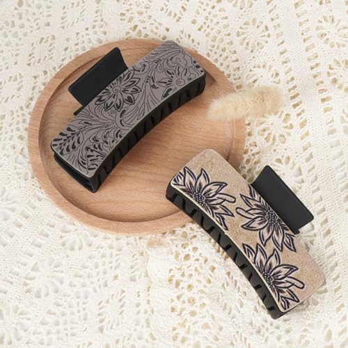 ZZXLLRO 2Pack Large Western Hair Clips, 4" Artificial Leather Floral Claw Clips, Matte Black Brown Hairpins Western Gifts for Women and Girls Long Thick Hair Accessories