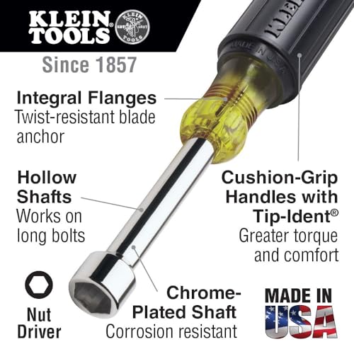 Klein Tools 630-4MM 4mm Nut Driver with 3-Inch Hollow Shaft and Cushion Grip
