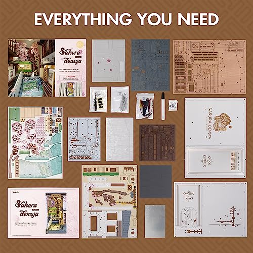 Rowood Book Nook Kit, Bookshelf Insert Decor Alley 3D Wooden Puzzle, DIY Bookend Building Set Model Kit with LED Light -Sakura Tram