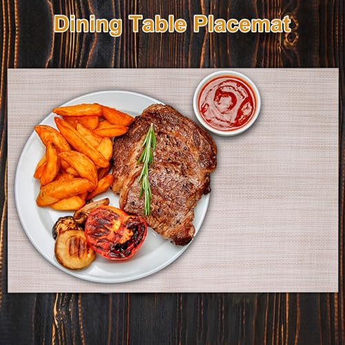 GDFYMI Placemats Set of 6, Washable Non-Slip Placement Mats for Dining Table Heat Resistant PVC Placemat 18"x12", Beige