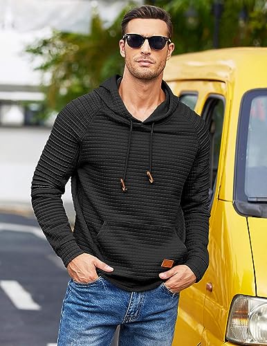 COOFANDY Men's Sweatshirt Pullover Long Sleeve Hipster Drawstring Pleated Hoodies with Kanga Pocket, Wine Red, Medium