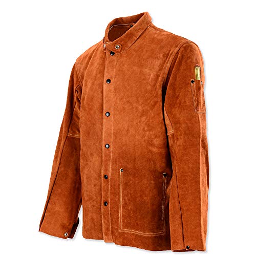QeeLink Leather Welding Jacket - Flame-Resistant Heavy Duty Work Welder Jackets - Split Cowhide Welding Coat for Men Women (Small)