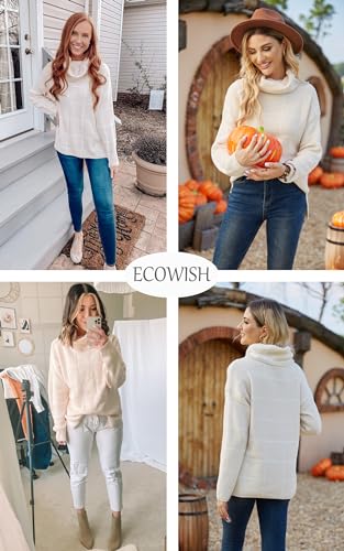 ECOWISH Women Fall Pullover Sweater Turtleneck Solid Long Sleeve Loose Casual Chunky Ribbed Knit Winter Sweaters Jumper Tops B-Caramel M