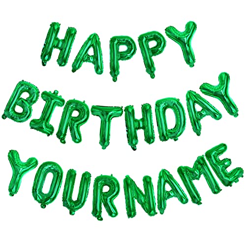 Personalized Name Happy Birthday Banner - Happy Birthday Balloon Letters Balloons 2 Sets A- Z 16'' Mylar Foil Birthday Party Decorations for Kids, Women, Men, Green