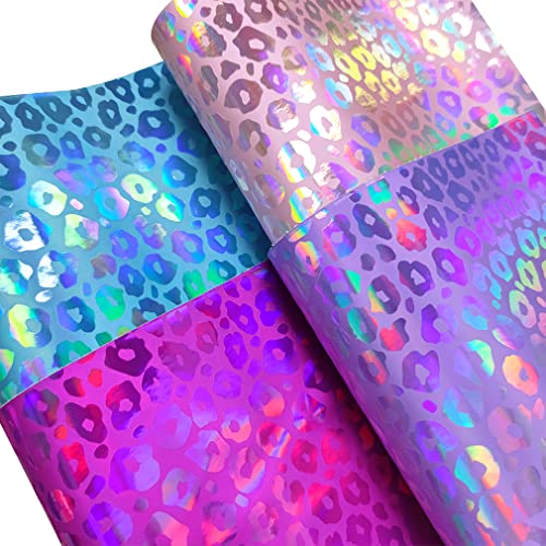 Holographic Embossed Leopard Dark Blue Faux Leather Sheets, 12"X53" Iridescent PU Fabric Roll for Crafts Bows Earrings Handbag Sewing Decoration