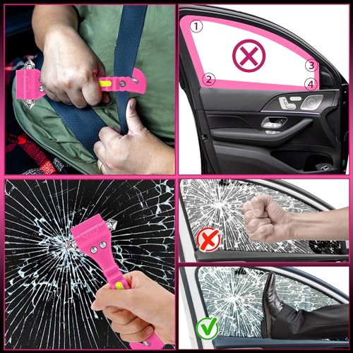 Xapwell Car Safety Hammer- Car Window Glass Breaker and Seat Belt Cutter, Auto Emergency Escape Tool, Vehicle Accessory Safety Tool, Life Rescue Tools Kits, Pink, 4 Packs