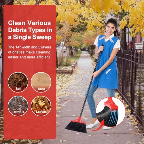 Tiumso Heavy Duty Broom, Outdoor Brooms, Commercial Broom for Sweeping Indoor, Kitchen Broom with 55" Long Handle, Angle Brooms for Patio Kitchen Shop Sidewalk - Black and Red