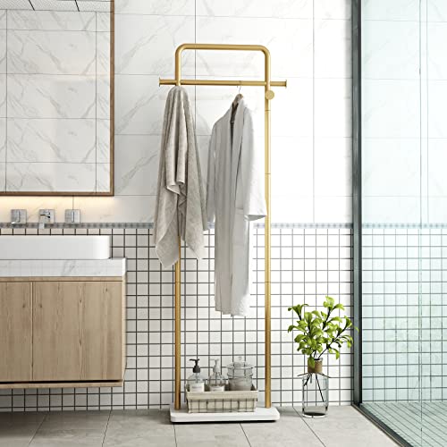 TIEOU Gold Clothing Racks with Shelf, Heavy Duty Gold Clothes Racks for Boutiques, Free-Standing Metal Garment Rack for Hanging Clothes, Modern Coat Rack Entryway