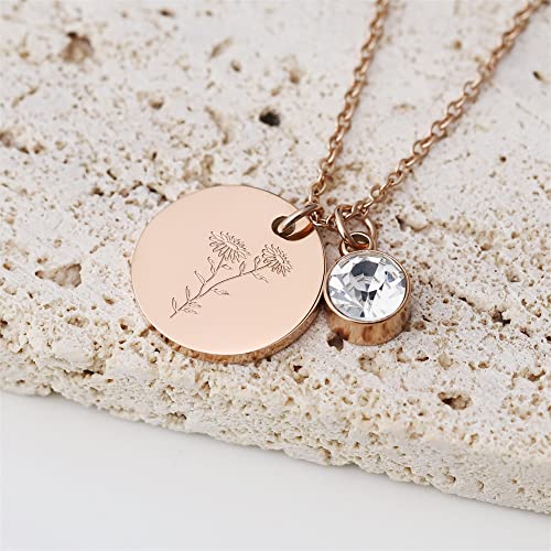 LEFTLY Birth Flower Necklace, Rose Gold Floral Pendant Necklaces, Dainty Birth Month Flower Disc Charm Hand Stamped Flower Disk Necklace