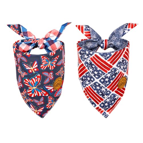 CROWNED BEAUTY 4th of July Patriotic Dog Bandanas Reversible Small 2 Pack, Butterfly Stars Set, Plaid Adjustable Triangle Holiday Scarves for Dogs Pets Boy Girl Pets DB121-S