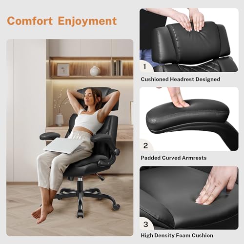 BestGlory Office Chair Flip Up Arms, Executive Leather Office Chair Ergonomic Desk Chair with Lumbar Support, Adjustable Headrest, Computer Chair Home Office Desk Chair with Rocking Function