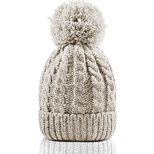 Women's Winter Beanie Warm Fleece Lining - Thick Slouchy Cable Knit Skull Hat Ski Cap (Cream)